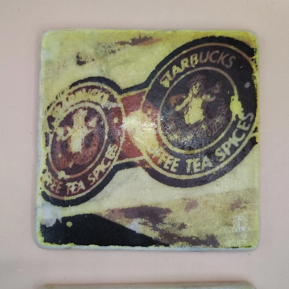 Starbucks Vintage Marble Coasters with Yellow and Black Accents Distressed Look
